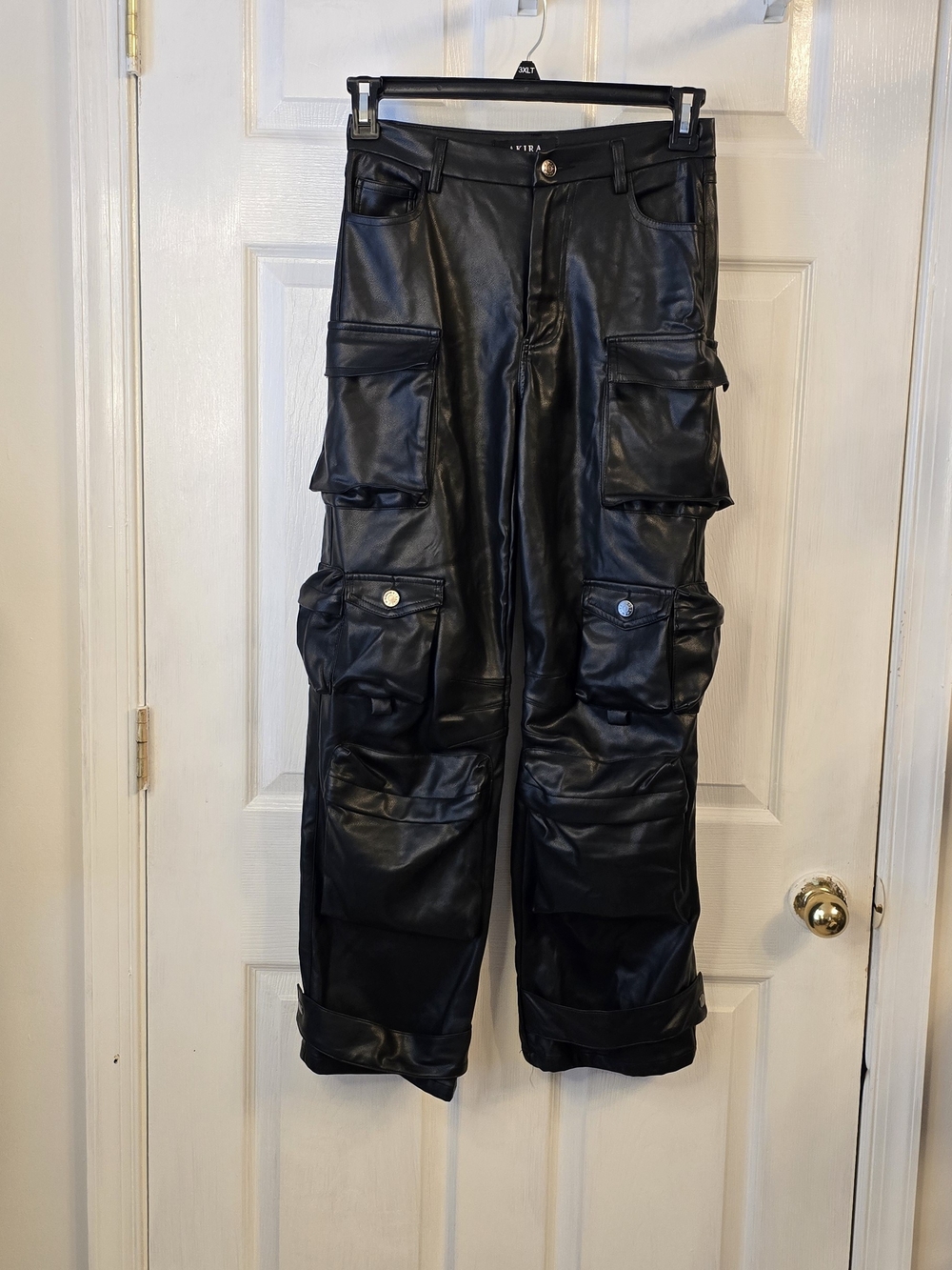 AKIRA Womens Black Faux-Leather Cargo Pants with Multiple Pockets Small Biker